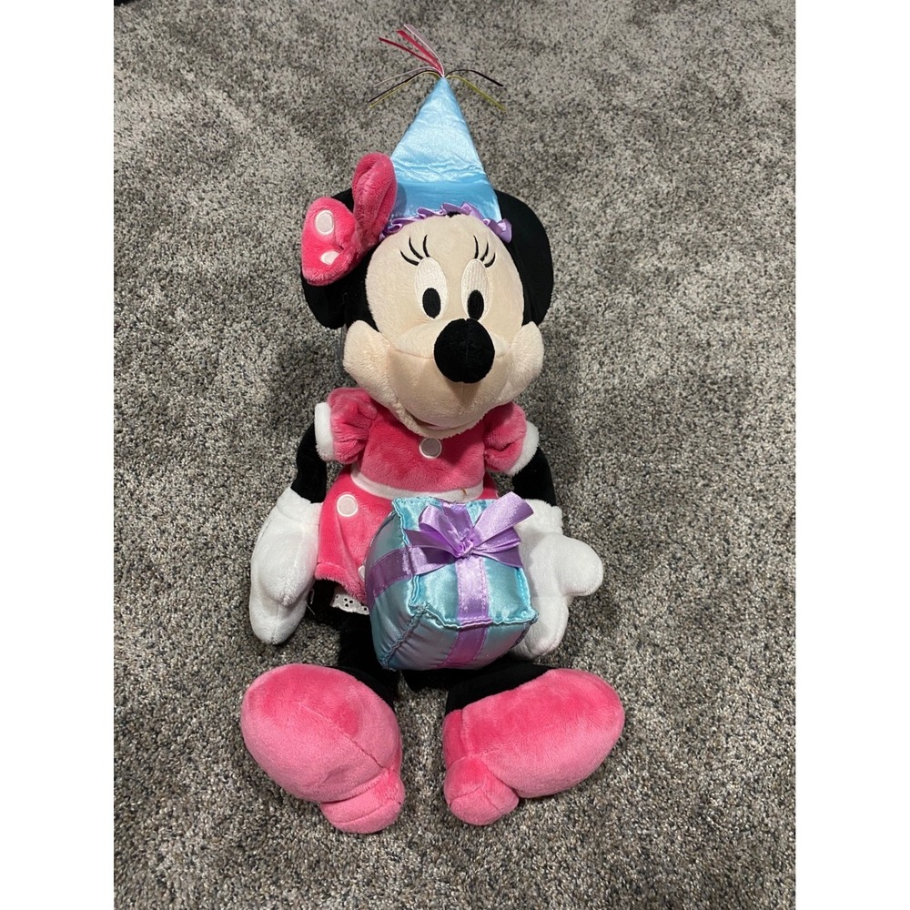 Disney Minnie Mouse Birthday Plush Pink Polka Dot Dress Party Hat Gift Box 14in